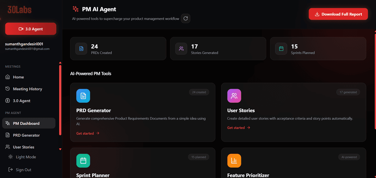 PM Dashboard — PRD Generator, User Stories, Sprint Planner tools