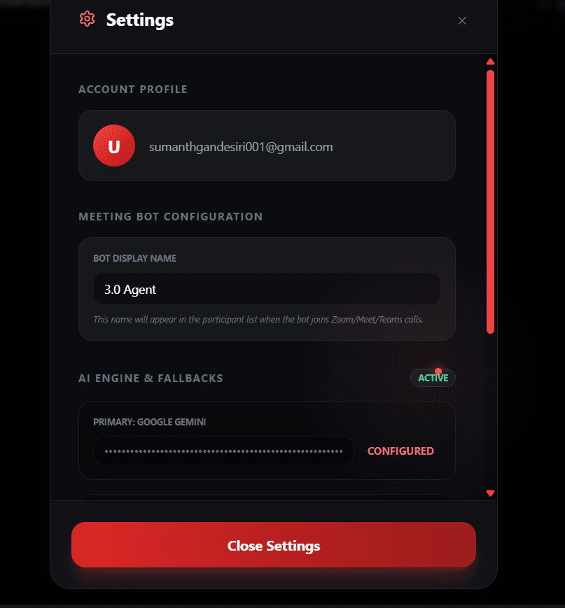 Settings — account profile, bot config, and AI engine setup